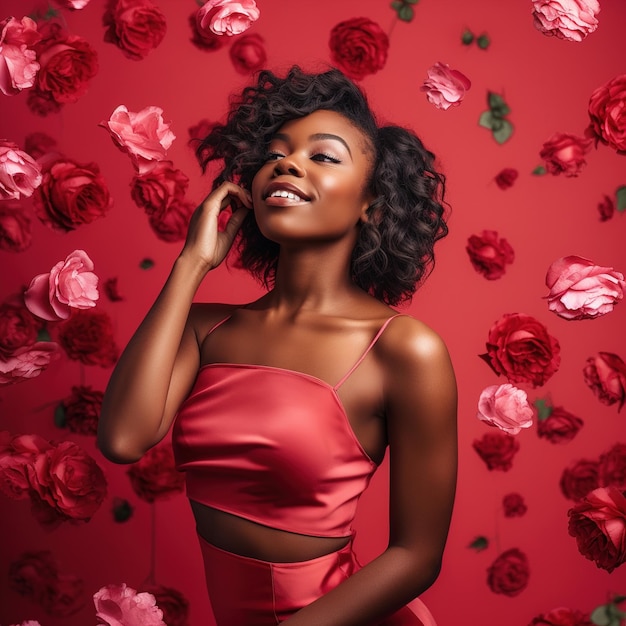 Een vrouw in een rode jurk staat voor een rode achtergrond met bloemen