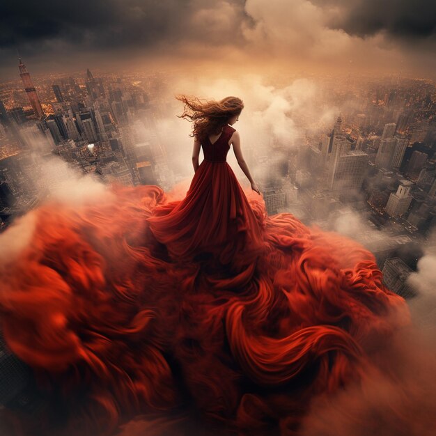 Een vrouw in een rode jurk vliegt over een stad.