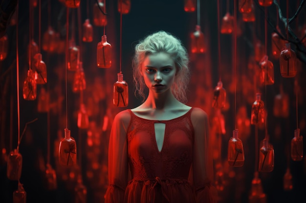 een vrouw in een rode jurk wordt omringd door rode flessen