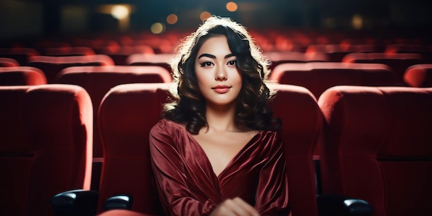 Foto een vrouw in een rode jurk zit in een rood theater met een rode stoel achter haar.