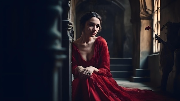 Een vrouw in een rode jurk zit op een trap in een donkere kamer.