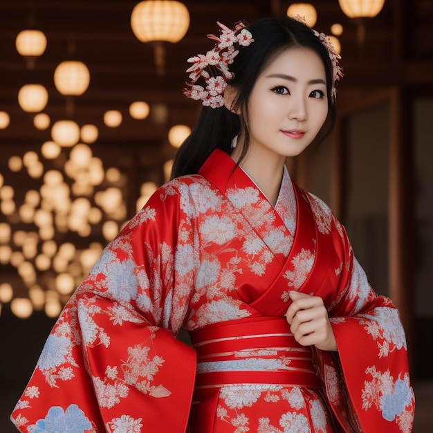 Een vrouw in een rode kimono met bloemen op haar hoofd