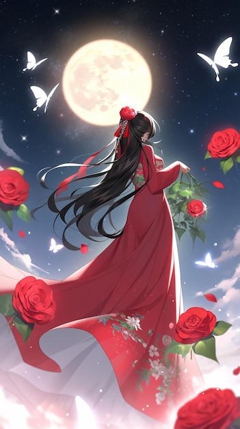 Een vrouw in een rode kimono staat voor een volle maan en de maan staat vol rozen.