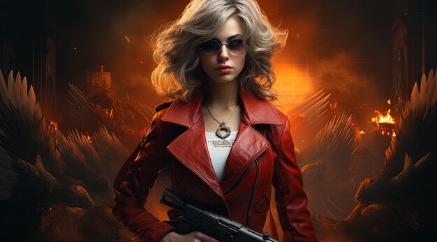 een vrouw in een rode lederen jas met een pistool in haar hand