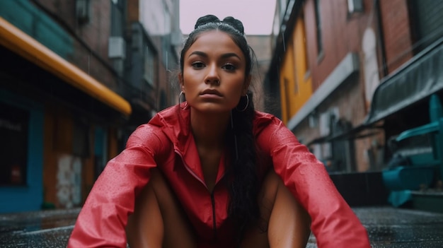 Een vrouw in een rode regenjas zit op straat in Londen.