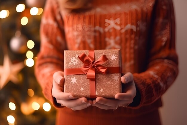 Een vrouw in een rode trui houdt een geschenkdoos in haar handen op de achtergrond van een kerstboom 1