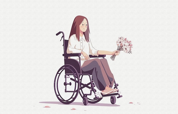 een vrouw in een rolstoel met een boeket bloemen