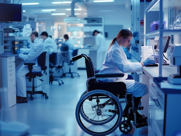 Een vrouw in een rolstoel zit aan een bureau in een lab.