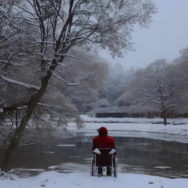 Foto een vrouw in een rolstoel zit in de sneeuw in een besneeuwd park.