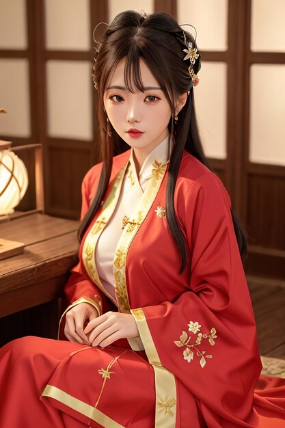 Een vrouw in een rood chinees kostuum met het woord hanfu op de voorkant.