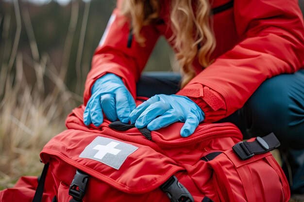 Foto een vrouw in een rood jasje en blauwe handschoenen.