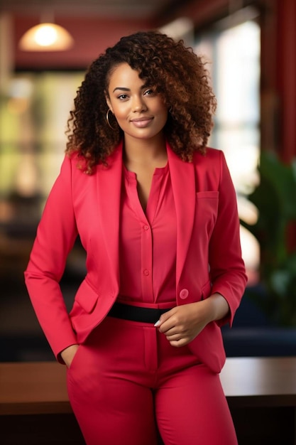 een vrouw in een rood pak staat voor een raam.