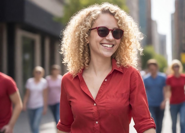 Een vrouw in een rood shirt loopt door de straat.