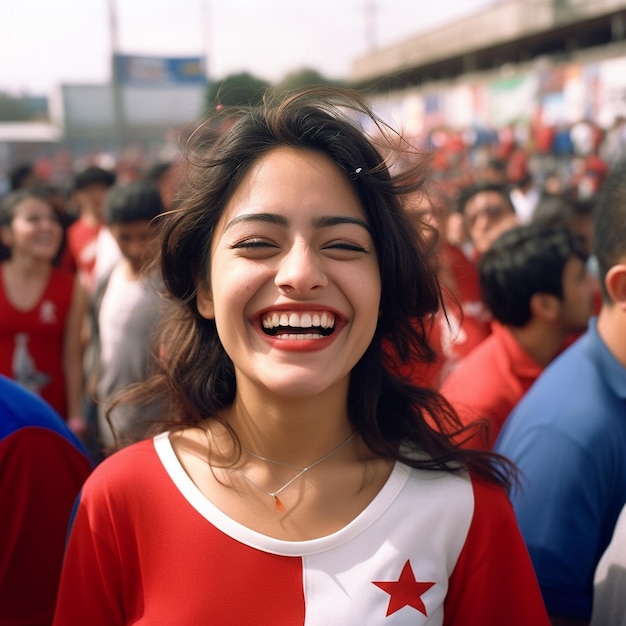 Een vrouw in een rood-wit top glimlacht en heeft een ster op haar borst
