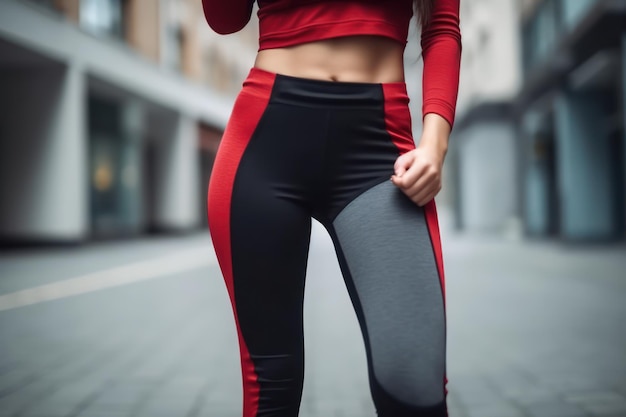 Een vrouw in een rood-zwarte sportkleding loopt op straat.