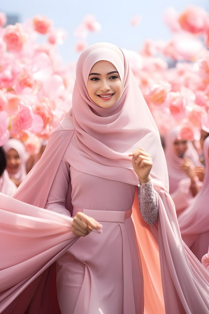 Een vrouw in een roze hijab met roze bloemen op haar hoofd.