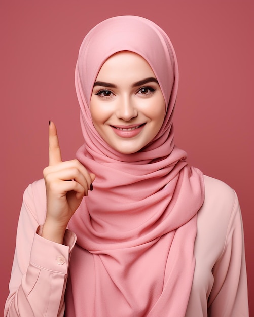 een vrouw in een roze hijab wijst naar links