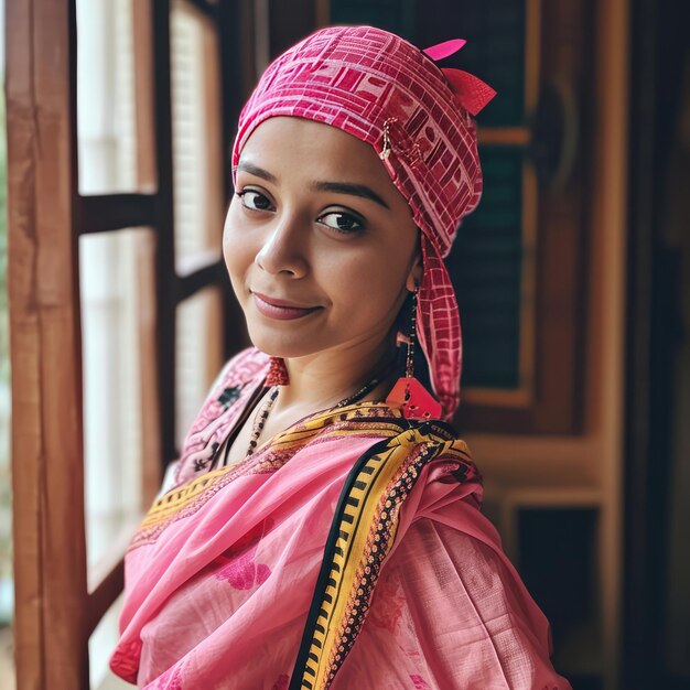 Een vrouw in een roze hoofddoek en jurk