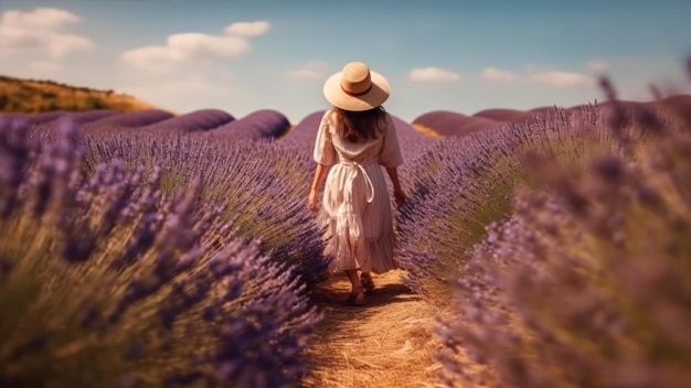 Foto een vrouw in een roze jurk loopt door een lavendelveld