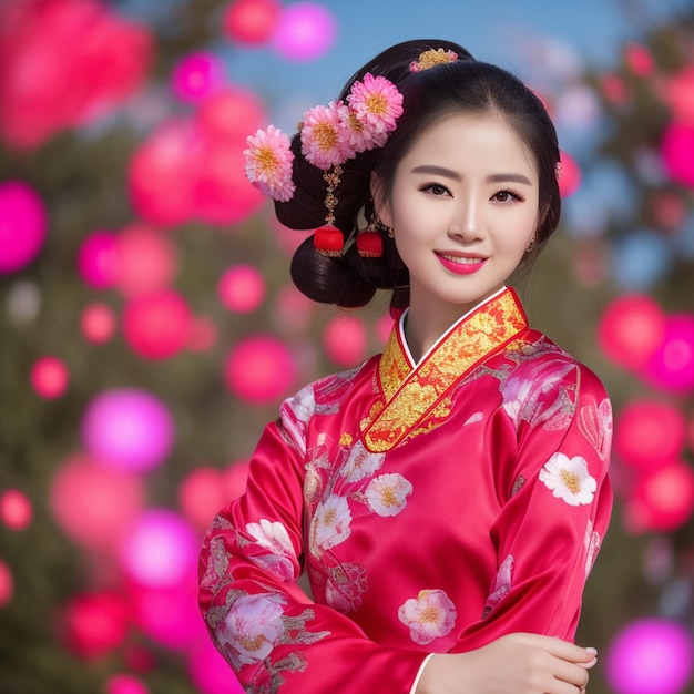 Een vrouw in een roze kimono met bloemen op de voorkant en een roze achtergrond met roze lichtjes achter haar