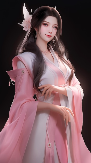 Een vrouw in een roze kimono met lang zwart haar en lang wit haar.