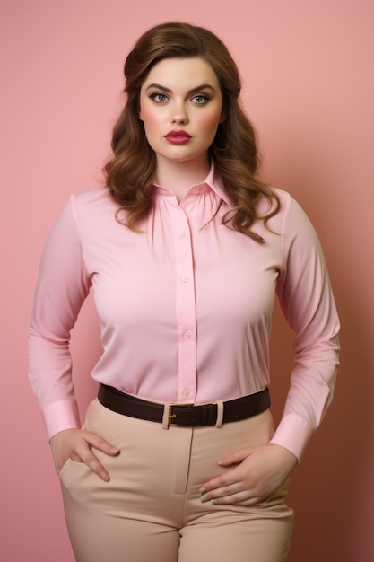 een vrouw in een roze shirt en een beige broek