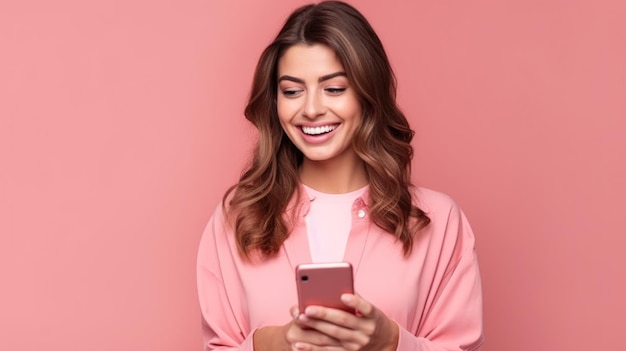 Een vrouw in een roze shirt gebruikt een roze telefoon.