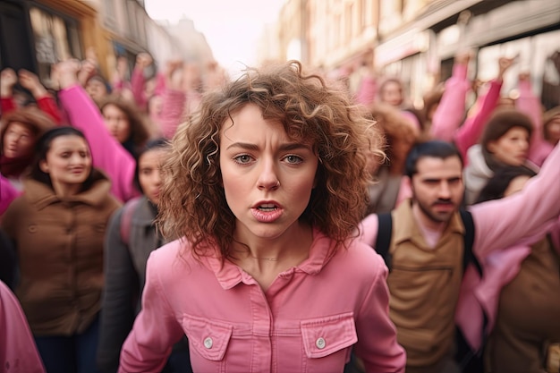 Een vrouw in een roze shirt is omringd door andere mensen