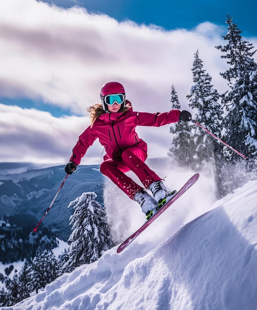 Een vrouw in een roze skipak die op een besneeuwde heuvel springt