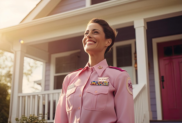 Een vrouw in een roze uniform staat voor een huis