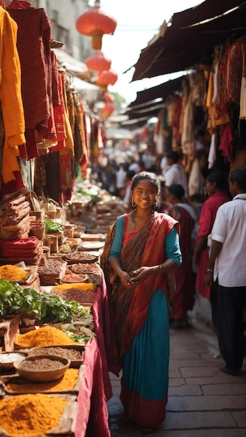 Foto een vrouw in een sari staat voor een markt