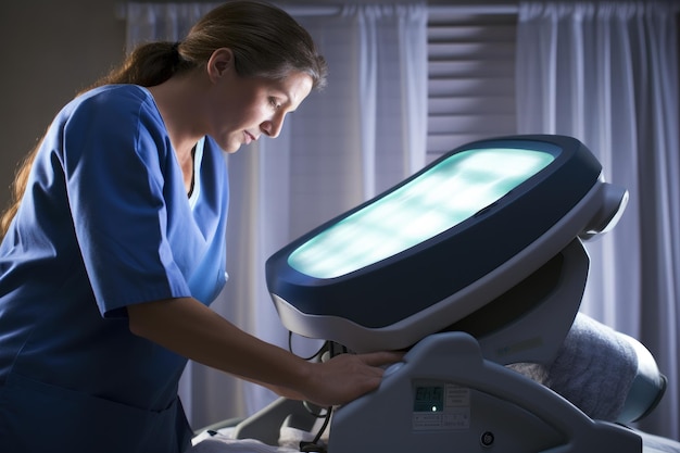 Een vrouw in een scrub bedient een machine om haar efficiëntie en vaardigheid op het gebied van de gezondheidszorg te demonstreren. Een vrouw krijgt een echografie van een dokter.