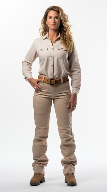 een vrouw in een shirt en broek die poseert voor een foto