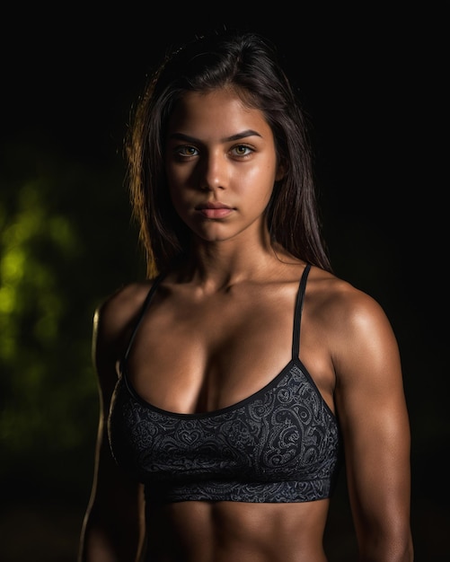 Een vrouw in een sportbeha-topje staat voor een donkere achtergrond