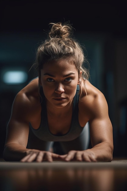 Een vrouw in een sportschool met uitgestrekte armen en een zwarte top waarop staat 'ik ben een meisje'