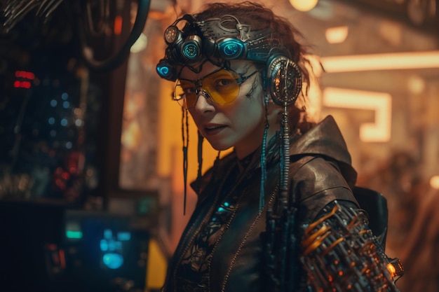 Een vrouw in een steampunkkostuum staat voor een futuristische machine.