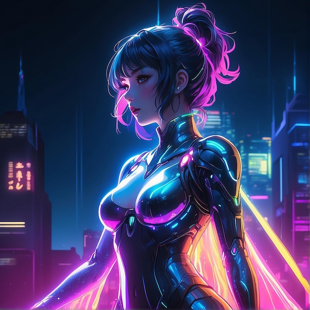 een vrouw in een superheld kostuum staat voor een gebouw met een neonbord op de achtergrond