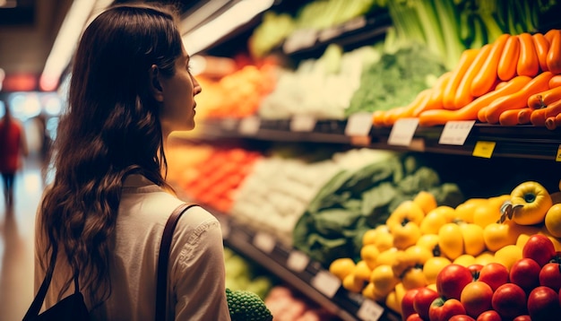 Een vrouw in een supermarkt kijkt naar de producten soft focus Generative AI