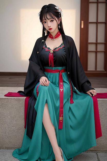 Een vrouw in een traditionele Chinese klederdracht zit op een richel.