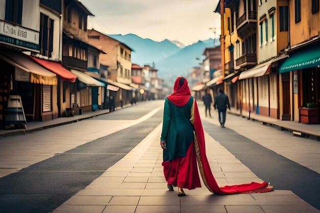 Foto een vrouw in een traditionele jurk loopt door een straat.