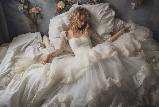 Een vrouw in een trouwjurk ligt in een bed met bloemen aan de muur achter haar.