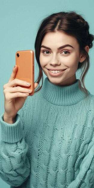 Foto een vrouw in een trui houdt een telefoon vast en glimlacht.