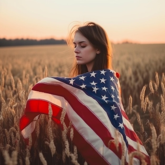 Een vrouw in een veld met een Amerikaanse vlag