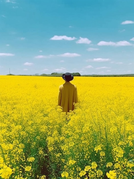 een vrouw in een veld met gele bloemen met een man met een hoed die naar de lucht kijkt.