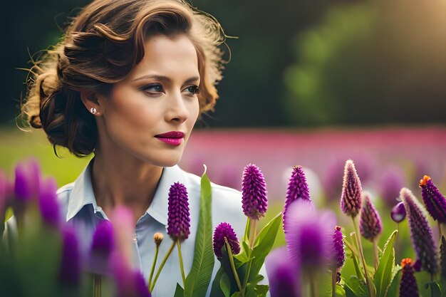 Een vrouw in een veld met paarse bloemen