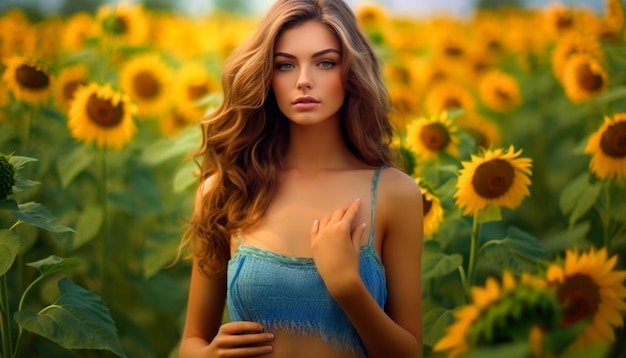 Een vrouw in een veld met zonnebloemen