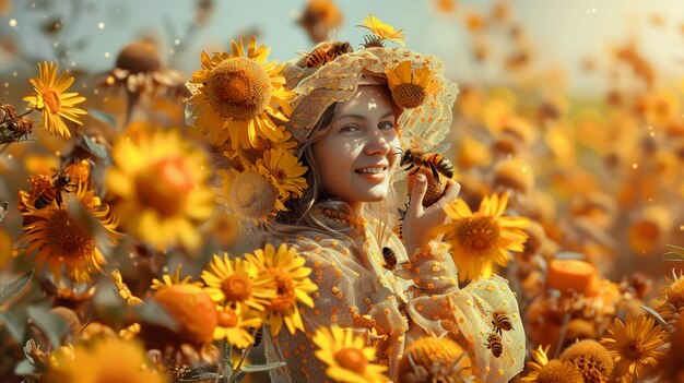 een vrouw in een veld van bloemen generatieve ai