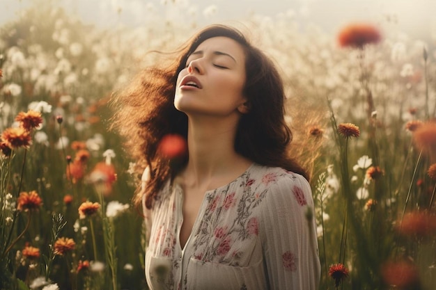 een vrouw in een veld van bloemen met haar ogen gesloten