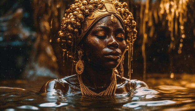 Een vrouw in een watermassa met gouden kralen en een gouden ketting