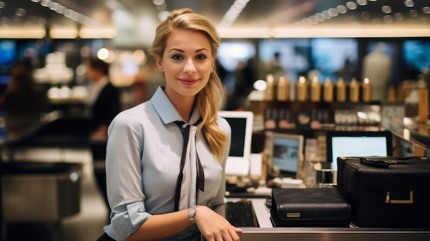 een vrouw in een winkel met een computer voor haar